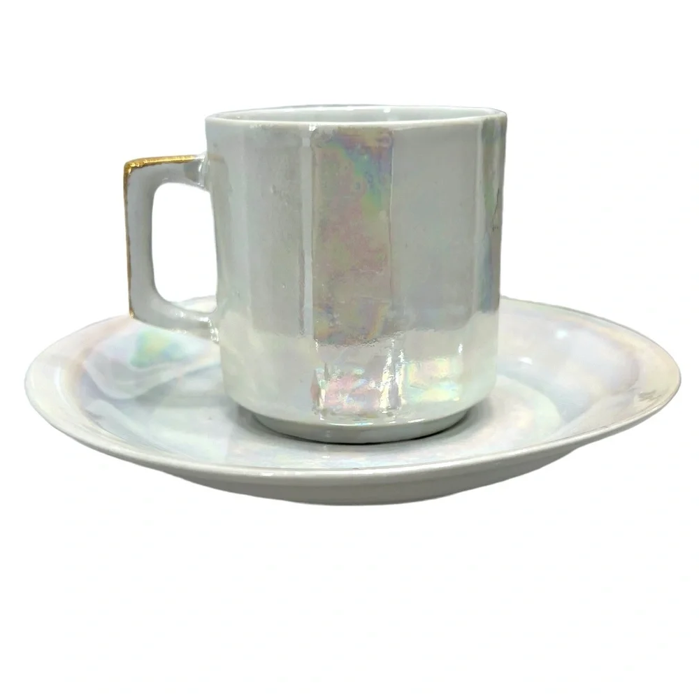 1970s WAHBEH OF CHINA LUSTERWARE PINK & PURPLE FLORAL CUPS & SAUCERS - SET OF 6
